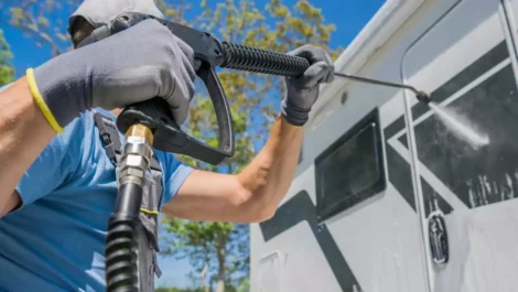 A man cleaning his RV with a power washer