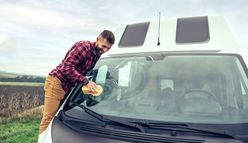 A man cleans the windshield of his RV.