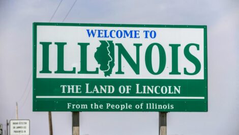 Welcome to Illinois sign along U.S. Route 36 at the Illinois/Indiana state line. Welcome to Illinois sign along U.S. Route 36 at the Illinois/Indiana state line