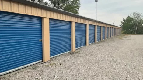 A long row of outdoor storage units.