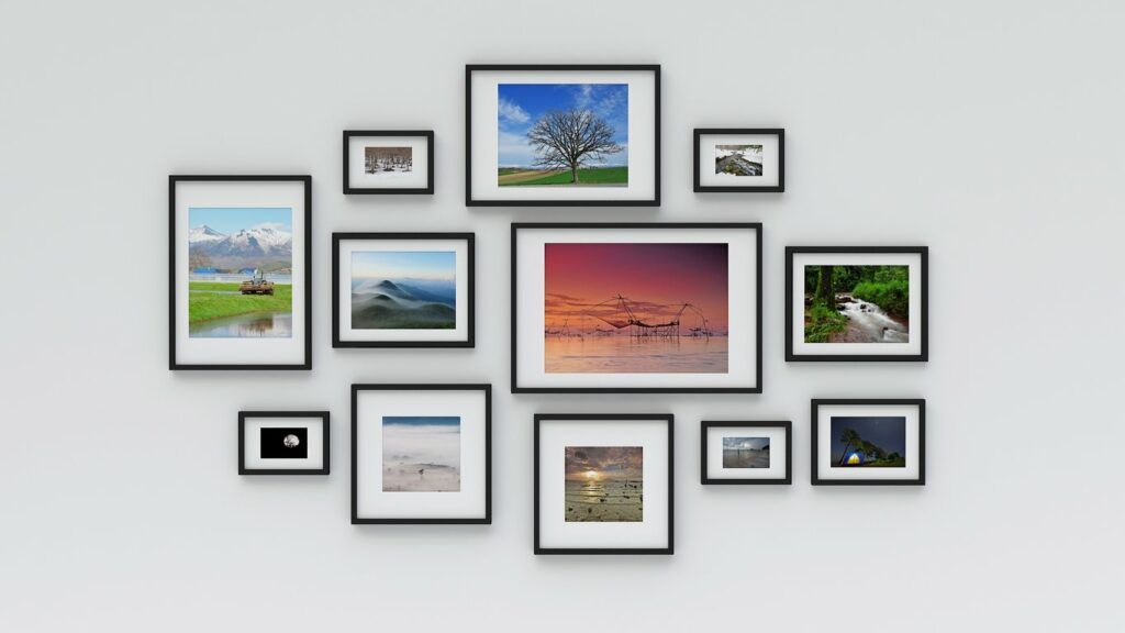 A white wall with 12 framed nature photos of various sizes arranged artistically