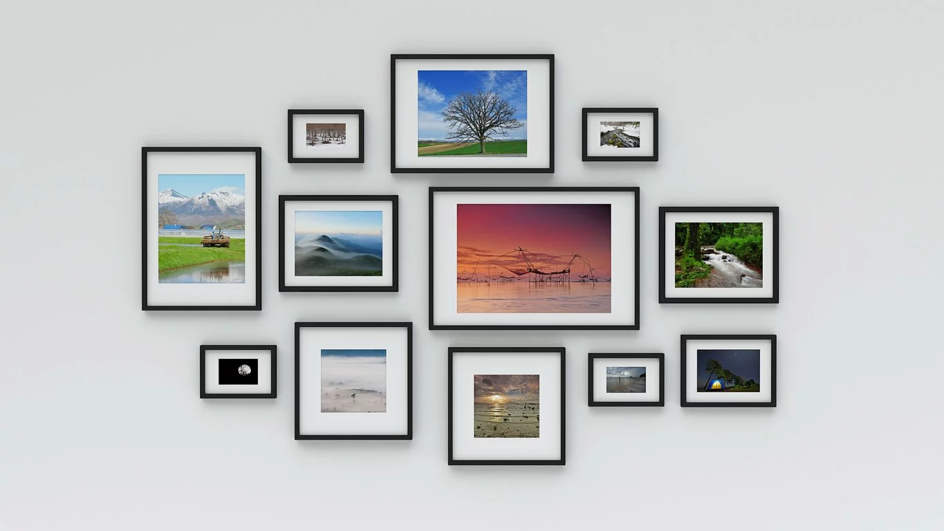 A white wall with 12 framed nature photos of various sizes arranged artistically