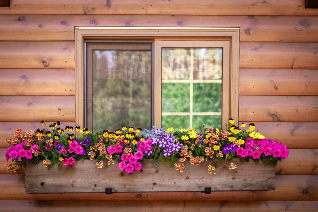 A wooden window box full of colorful flowers outside the window of a log cabin