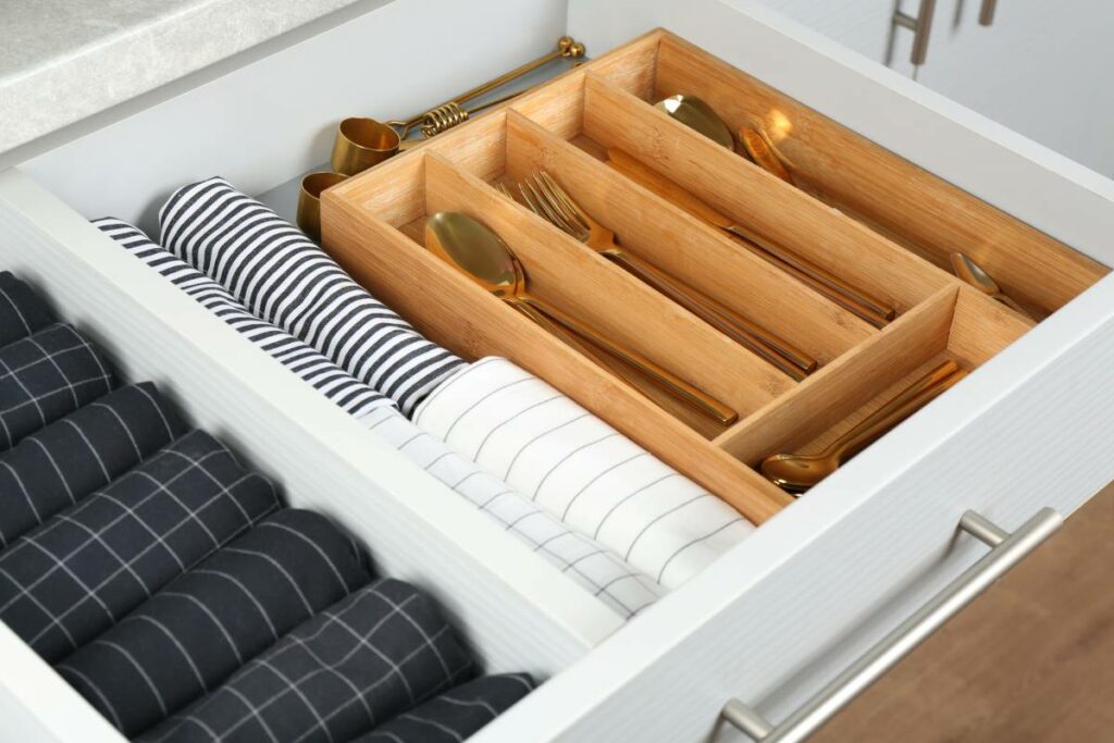 Silverware, kitchen tools, and napkins are organized in a kitchen drawer with a wooden tray.