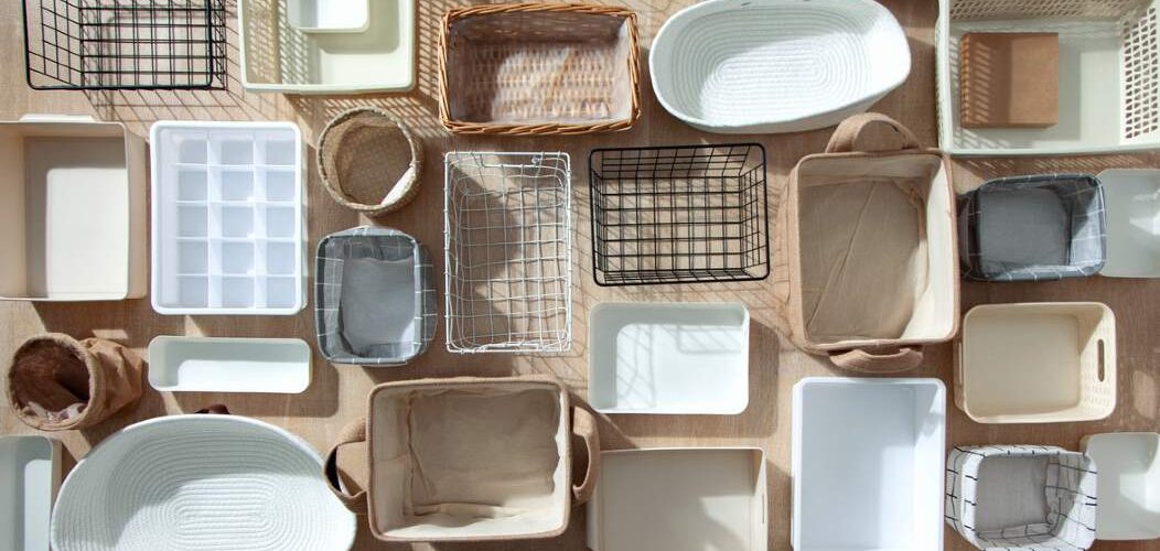 A flat lay of various storage containers in different sizes, colors, and materials.