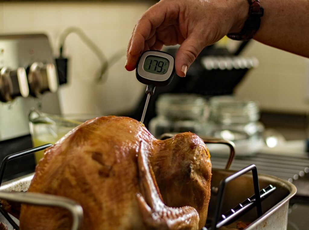 A hand checks the internal temperature of a roasted turkey with a meat thermometer reading 179° F.